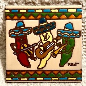 Vtg. Tile Trivet “Chili Trio” Musical Peppers w Sombreros Signed Krit